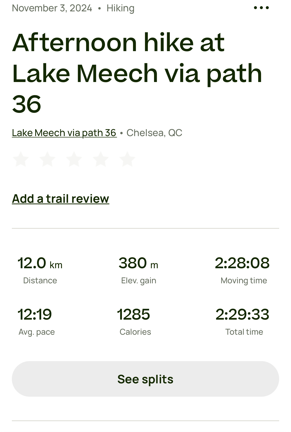 Screenshot of data for a previous hike done at Meech Lake