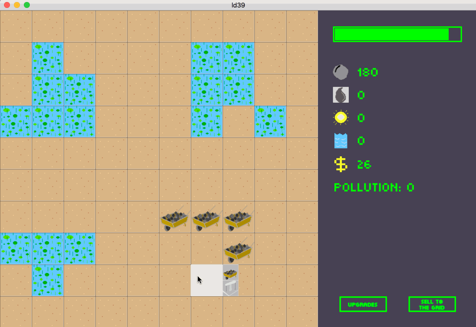 Gameplay of energy grid. Showing active resource gatherers, as well as purchasing tech.