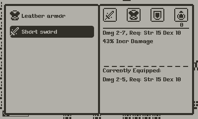 A screnshot of the inventory in the game. It shows two items in the inventory, with a short sword being selected. The short sword has 2-7 base damage, and a modifier of 43% increased damage. It also shows the stats of the currently equipped weapon, so the player can compare